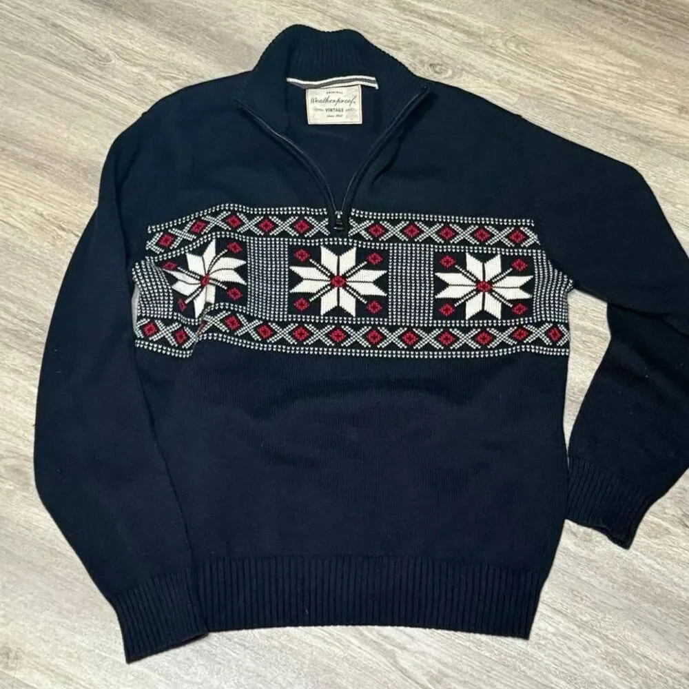 Original Weatherproof Vintage Mens Navy Blue Snowflake‎ Geometric Sweater Large